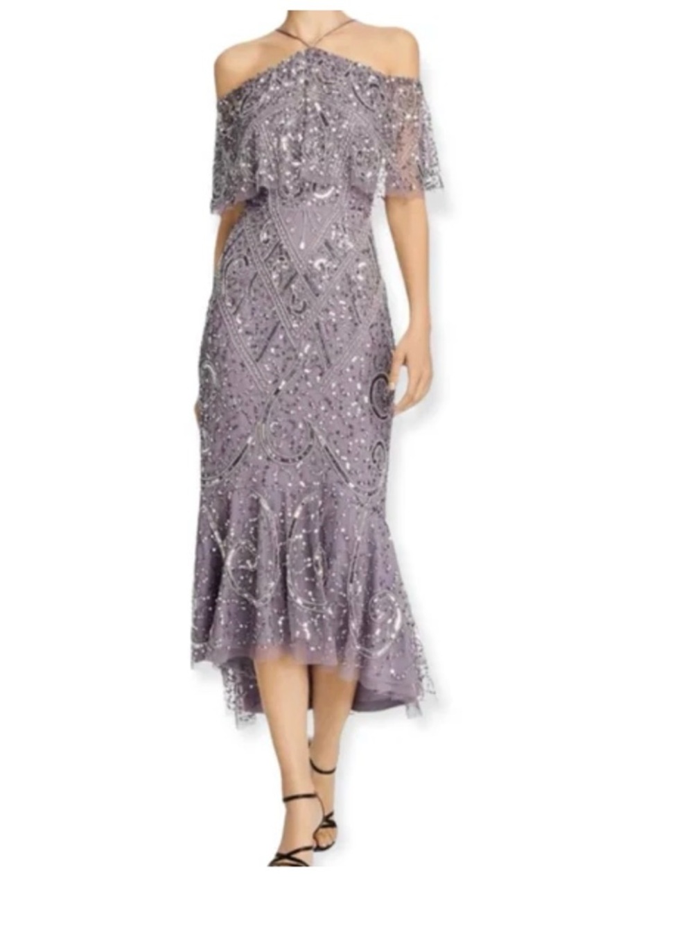 Aidan Mattox Beaded Sequin Mermaid Gown Ice Violet Cold Shoulder 8
